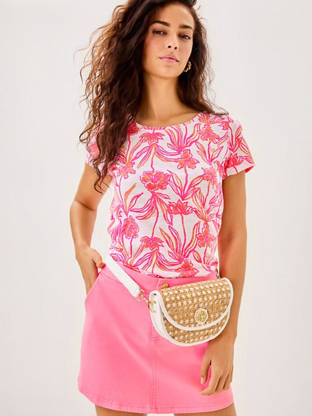 Lilly Pulitzer NEW Resort Lovely long stems scoop neck Etta White/Pink top, XS